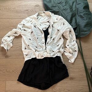 White Giraffe Print Button Up Shirt